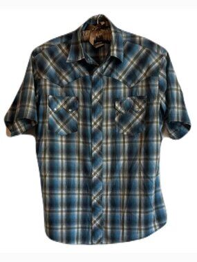 Wrangler Western Fashion Men’s L Blue Plaid Silver Metallic Pearl Snap Shirt